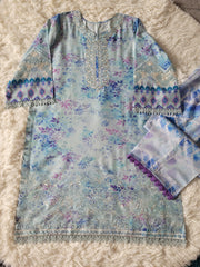 Nureh Aqua Reverie: Embroidered Printed Suit with Lavender Ombre Dupatta