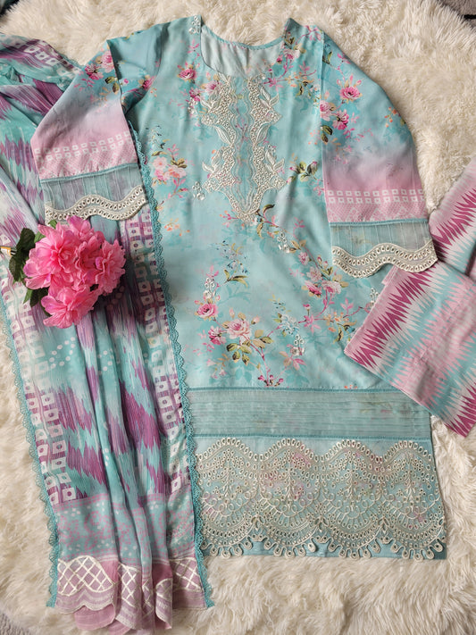 Nureh Verdant Grace: Embroidered Printed Suit with Ombre Chiffon Dupatta