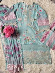 Nureh Verdant Grace: Embroidered Printed Suit with Ombre Chiffon Dupatta