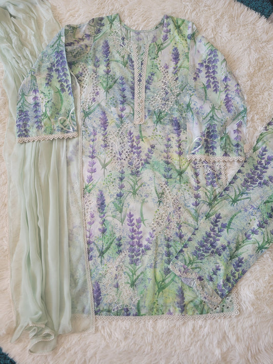 Nureh Green Meadows: Printed Lawn Three-Piece Suit