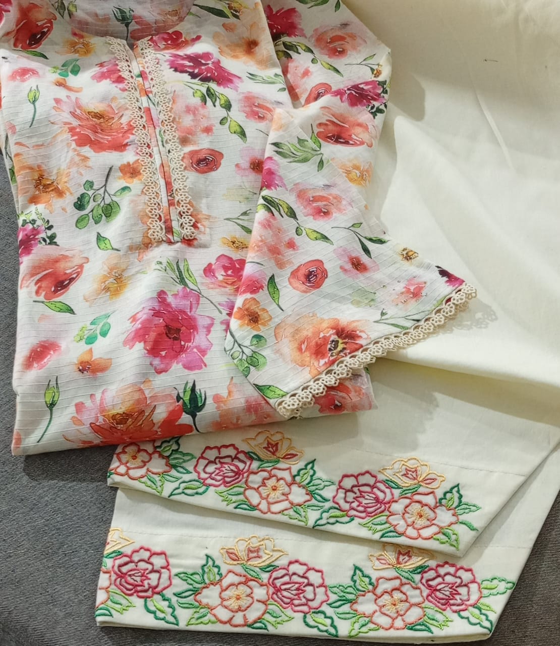 Ivory Bloom: Printed 2-Piece Suit with Floral Embroidery