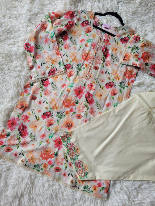 Ivory Bloom: Printed 2-Piece Suit with Floral Embroidery