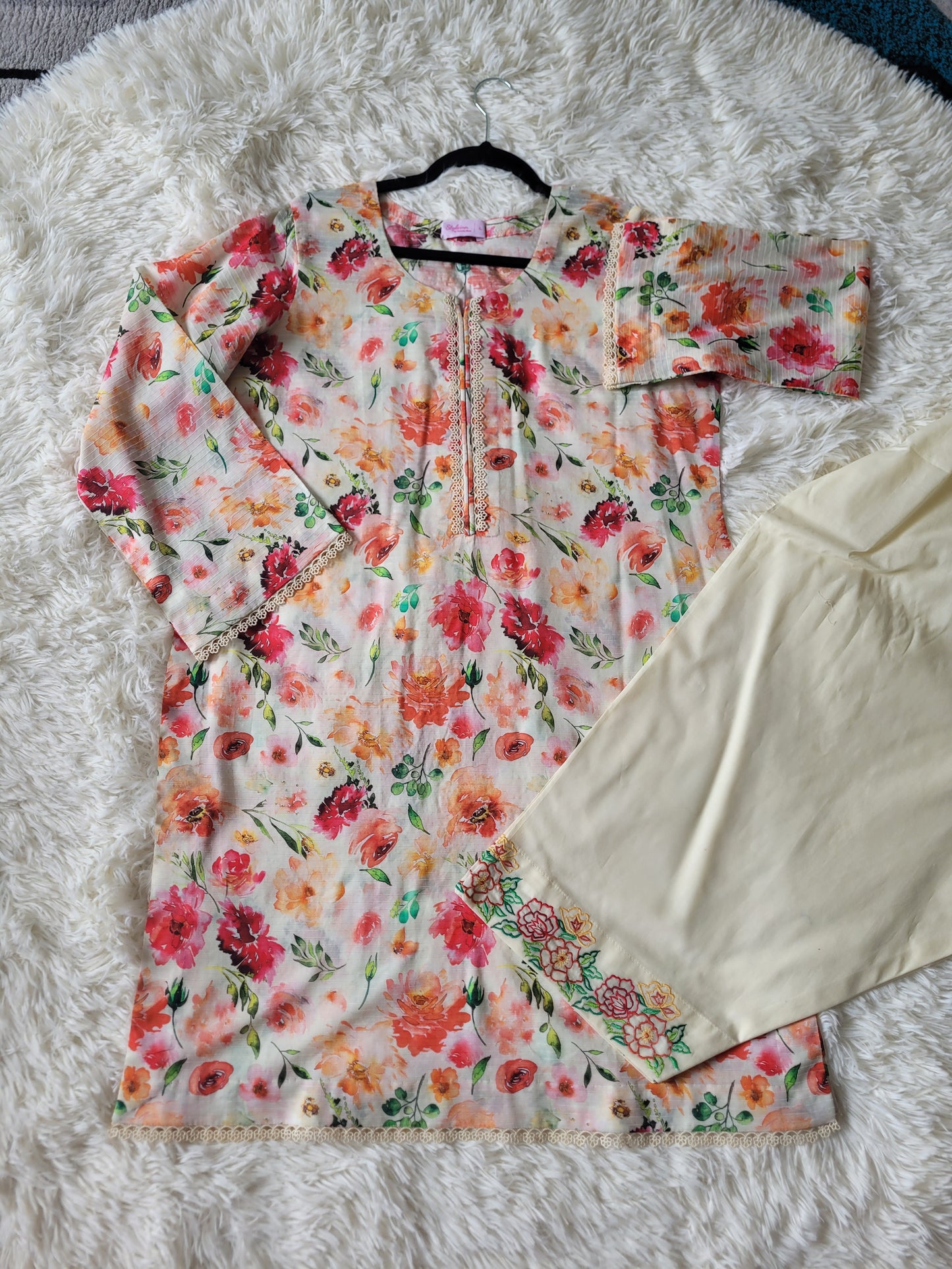 Ivory Bloom: Printed 2-Piece Suit with Floral Embroidery