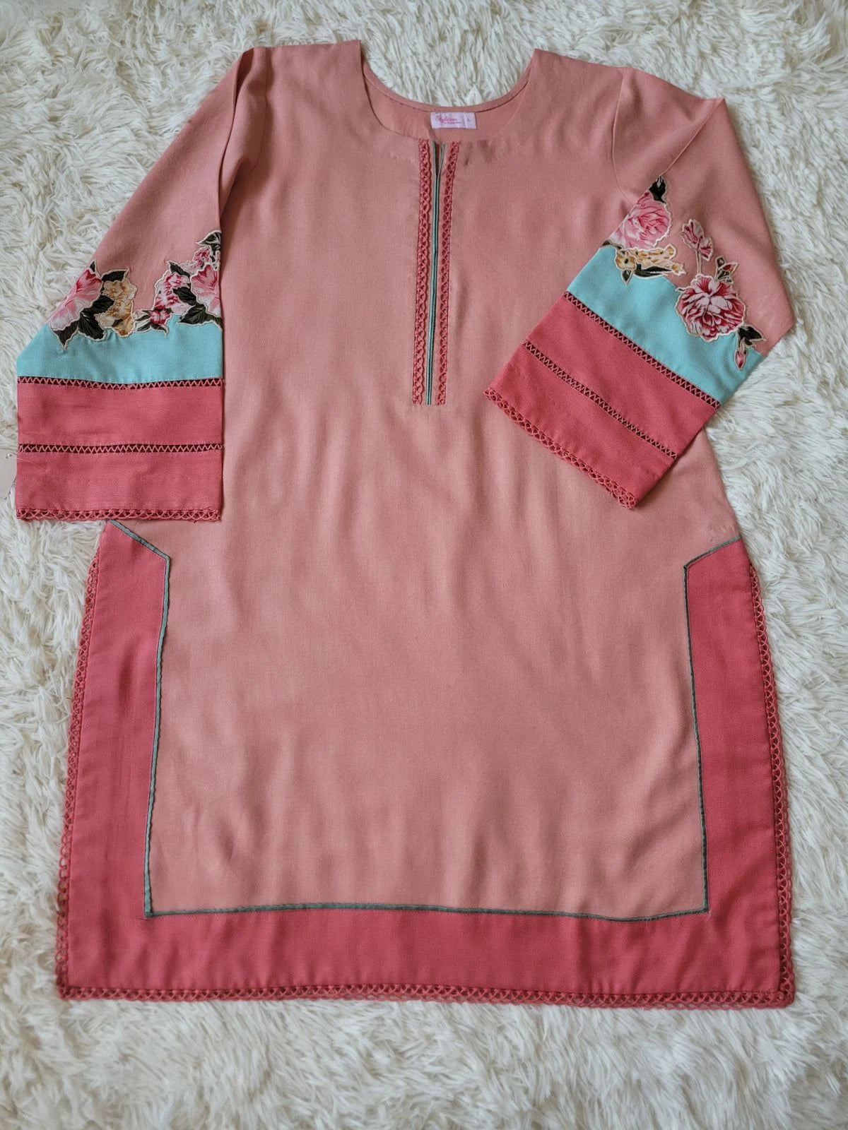 Embroidered Marina Coord - Peach Kurta with Multi-Panel Sleeves