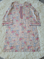 Printed Linen Suit - Peach Floral Kurta with Solid Trousers