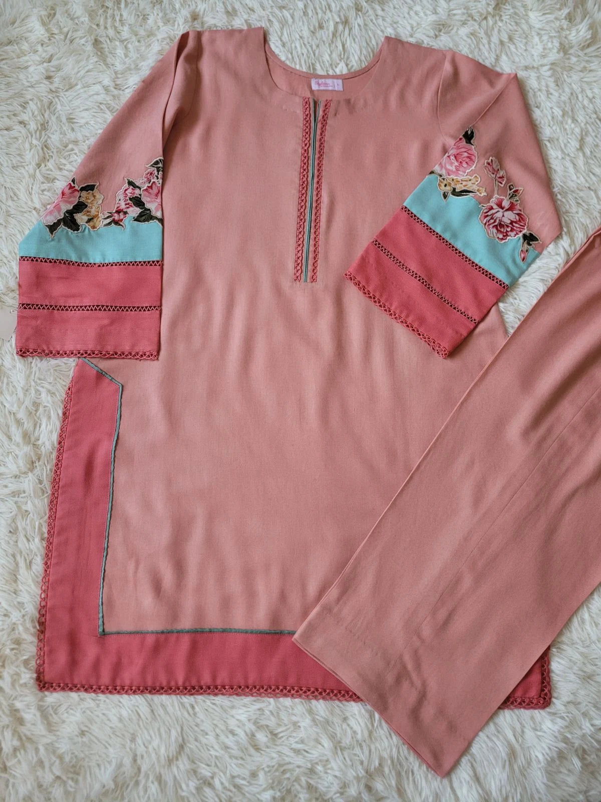 Embroidered Marina Coord - Peach Kurta with Multi-Panel Sleeves