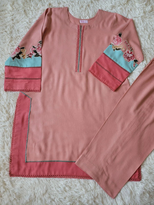 Embroidered Marina Coord - Peach Kurta with Multi-Panel Sleeves