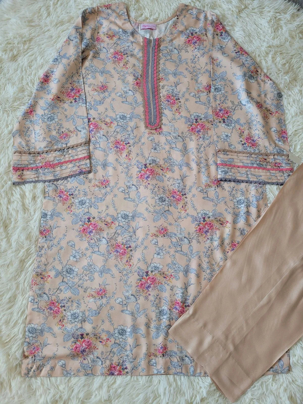 Printed Linen Suit - Peach Floral Kurta with Solid Trousers