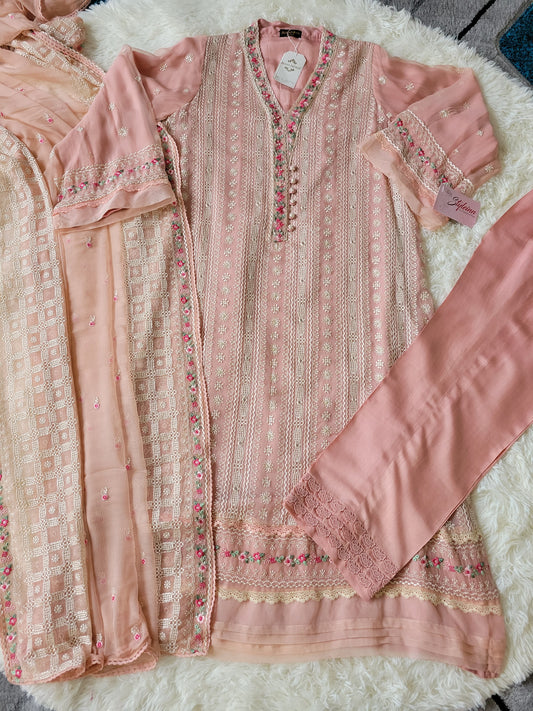 Blush Petals: Agha Noor Embroidered Peach Chiffon Dress