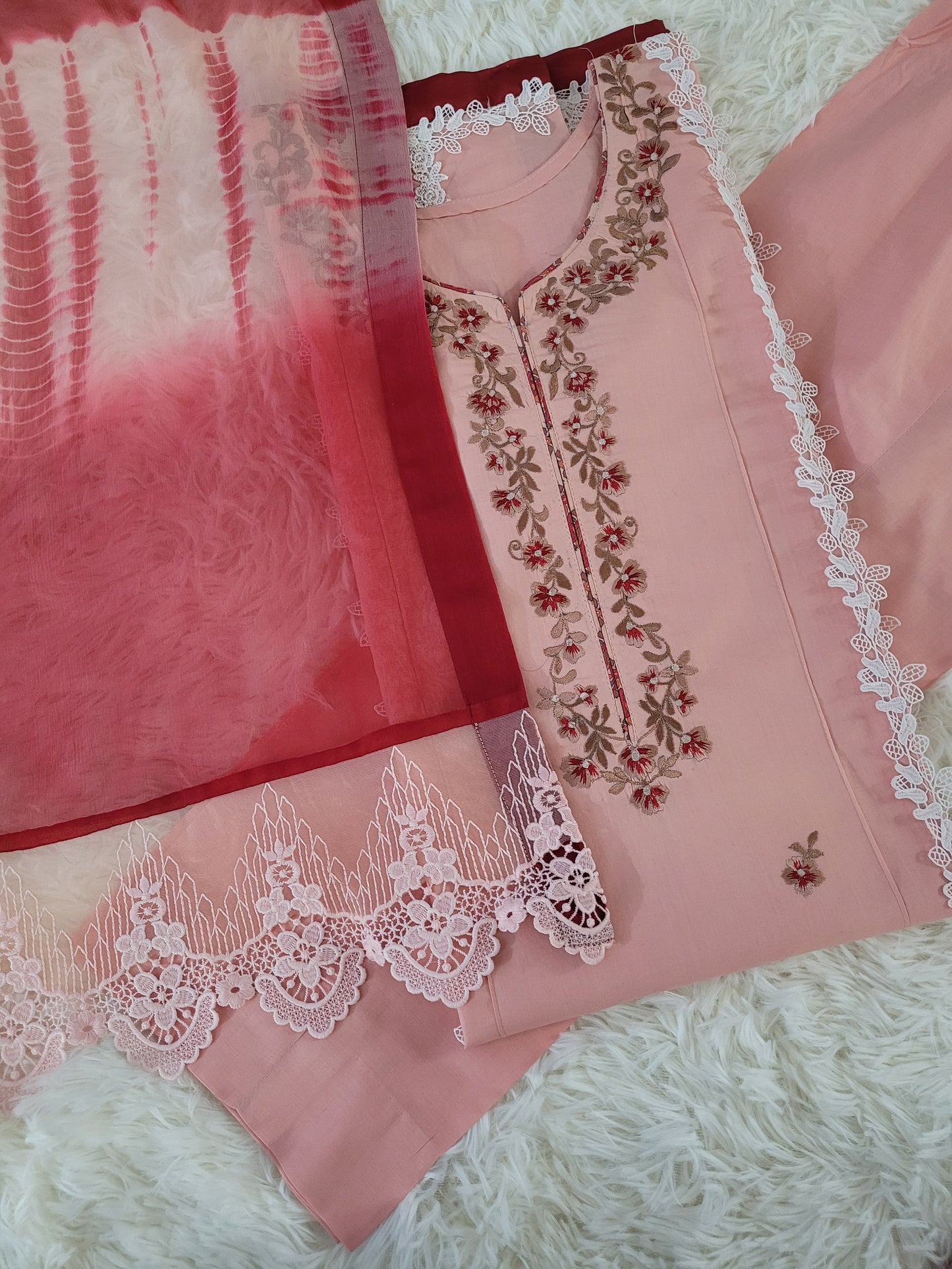 Peach Blossom Embroidered Cambric Suit with Tie-Dye Dupatta
