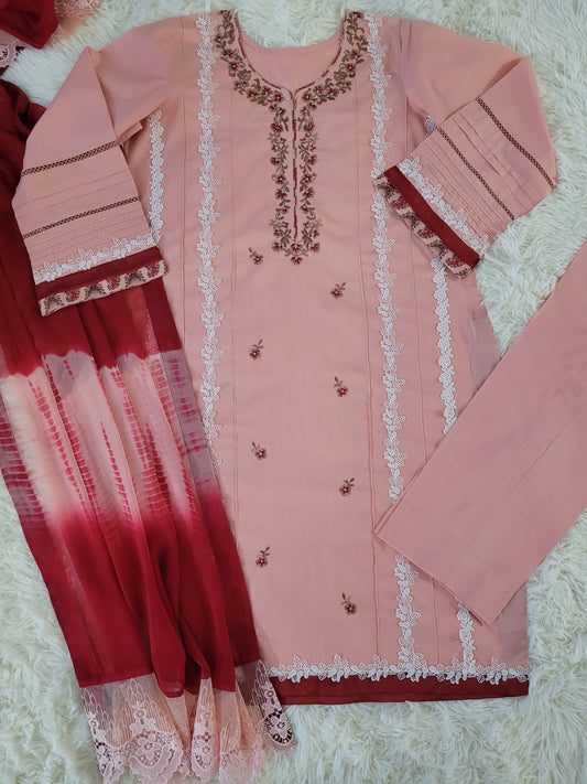 Peach Blossom Embroidered Cambric Suit with Tie-Dye Dupatta