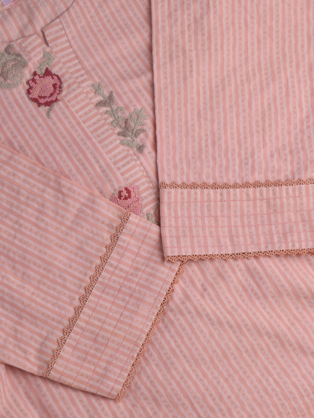 Embroidered Peach Stripe  Lawn/cotton Kurta with Floral Embroidery