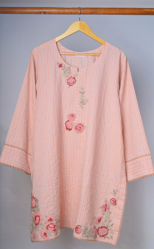Embroidered Peach Stripe  Lawn/cotton Kurta with Floral Embroidery