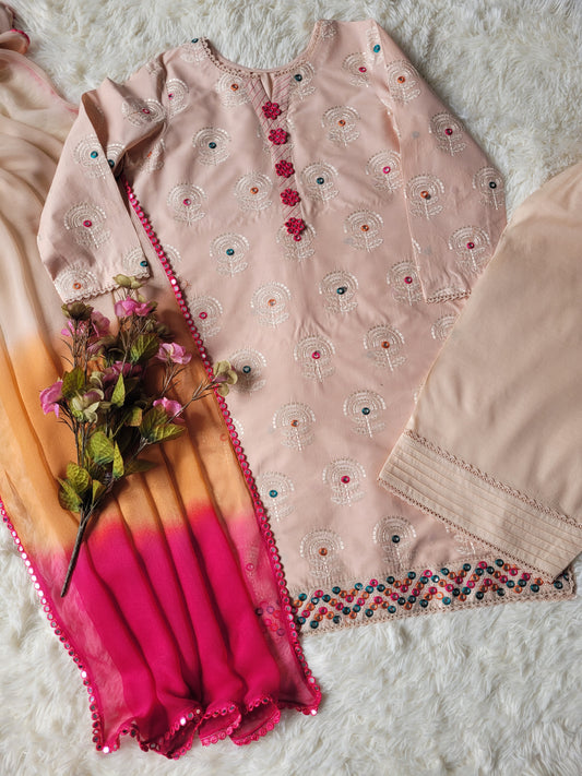 Peach Blossom Glow: Foil Work Suit with Ombre Dupatta