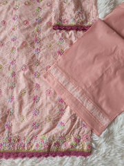 Peach Garden Bloom: Hand-Embroidered Suit with Multi-Hued Dupatta