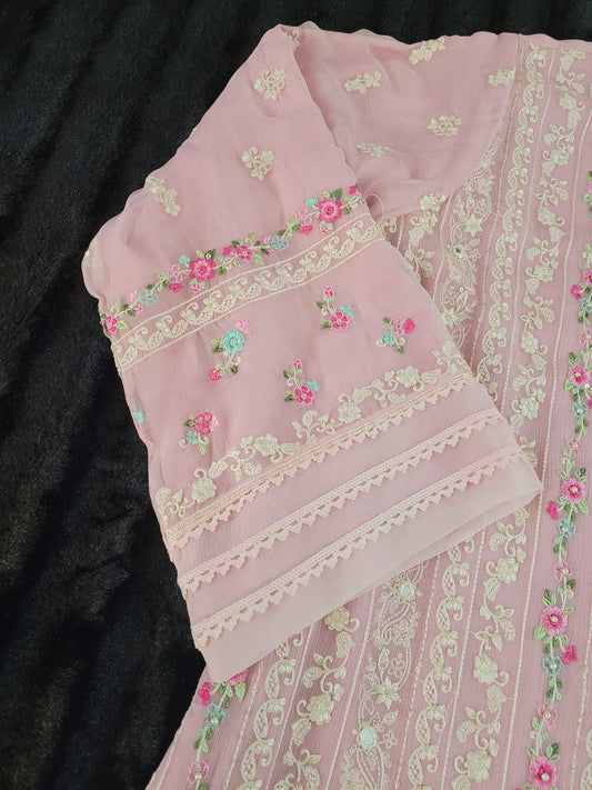 Agha Noor Rose Whisper: Embroidered Chiffon Ensemble with Viscose Trouser