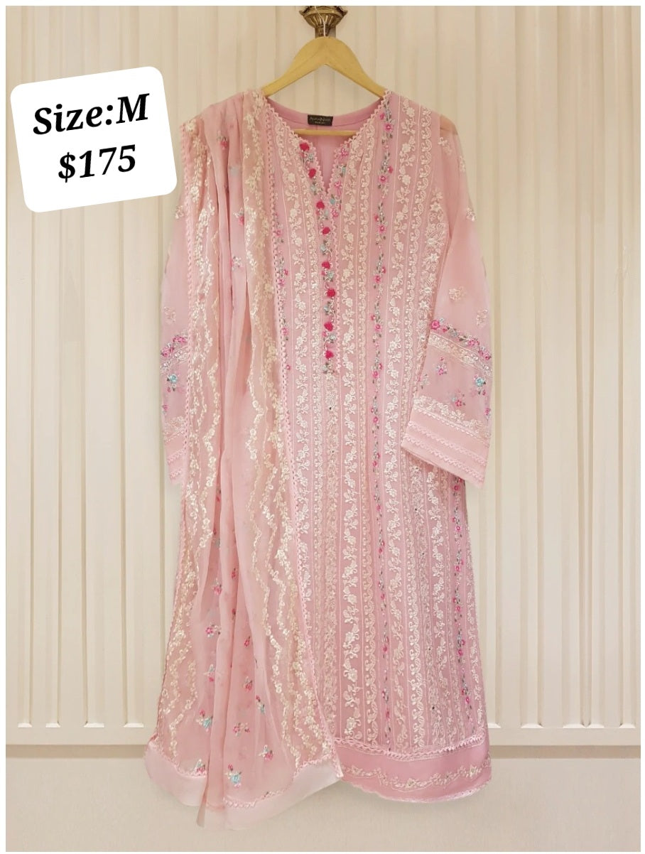 Agha Noor Rose Whisper: Embroidered Chiffon Ensemble with Viscose Trouser