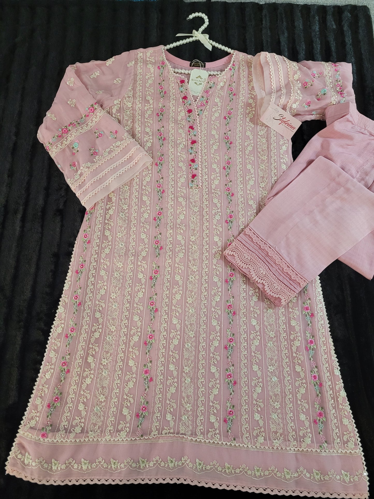 Agha Noor Rose Whisper: Embroidered Chiffon Ensemble with Viscose Trouser