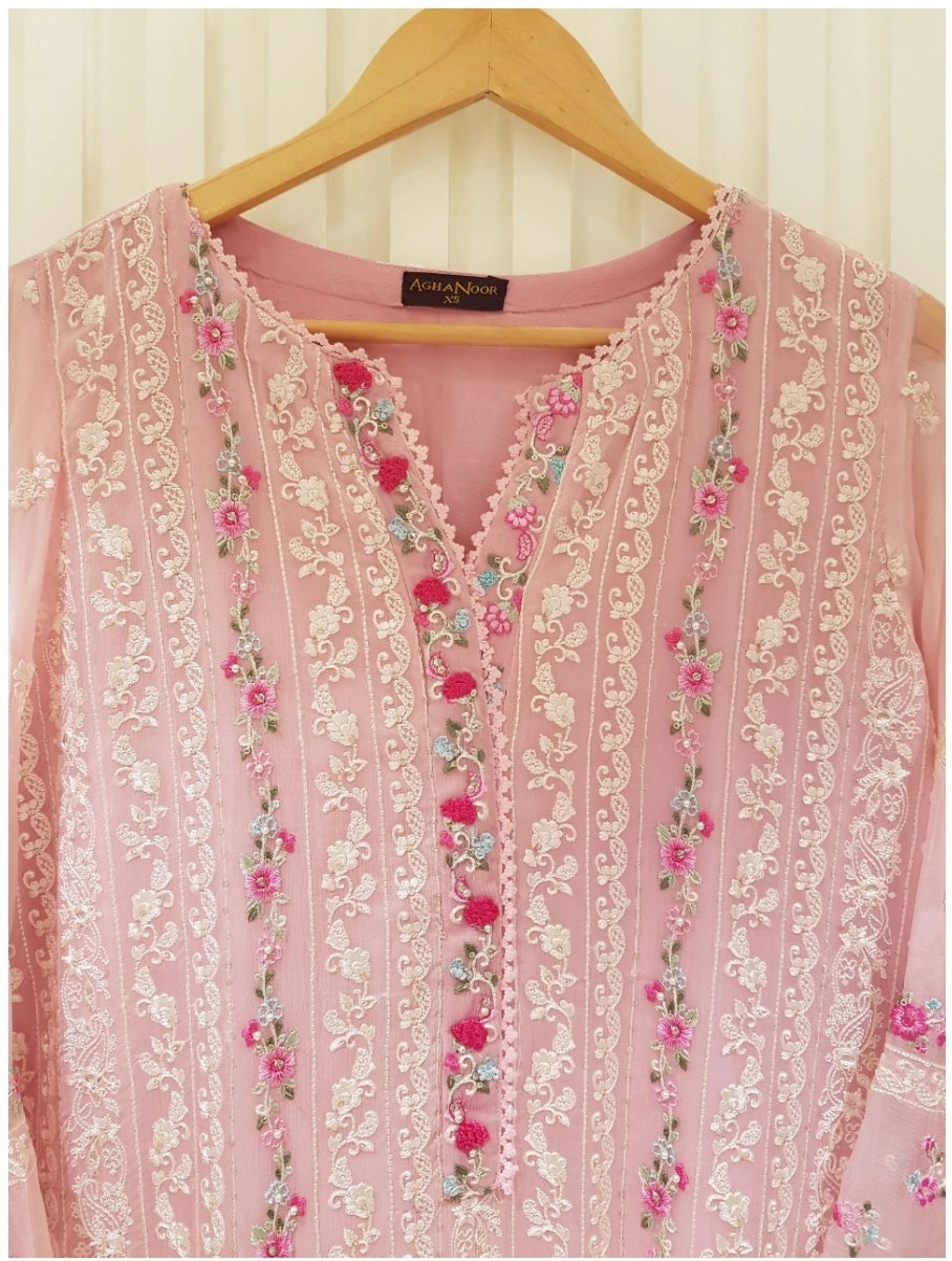 Agha Noor Rose Whisper: Embroidered Chiffon Ensemble with Viscose Trouser