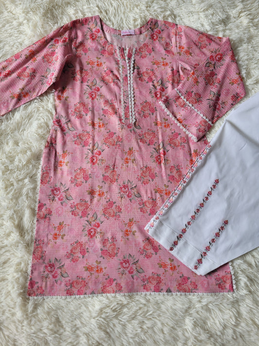 Rose Garden Pink: Printed 2-Piece Suit with Embroidered Trousers