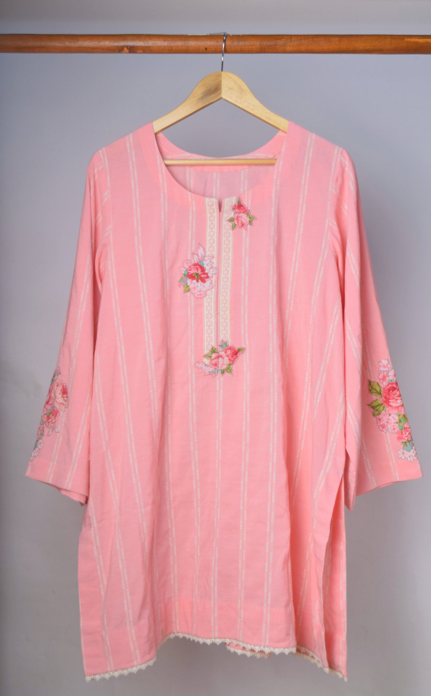Embroidered Lawn Kurta - Peach Stripe with Floral Embroidery