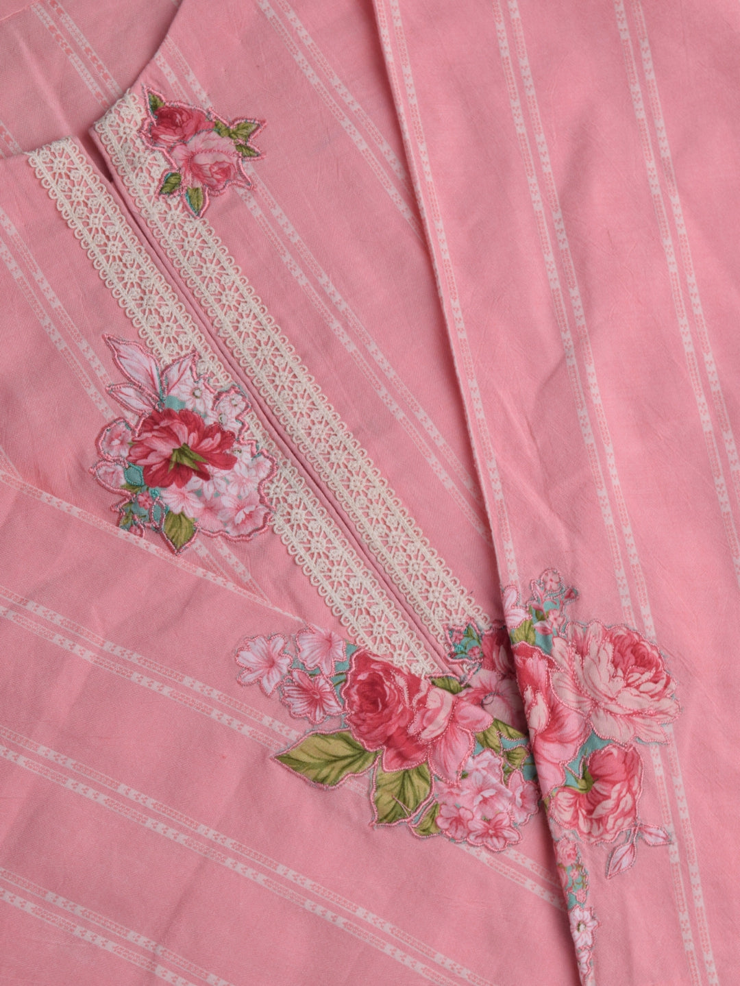 Embroidered Lawn Kurta - Peach Stripe with Floral Embroidery