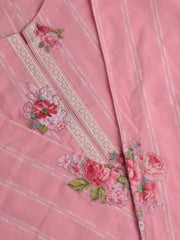 Embroidered Lawn Kurta - Peach Stripe with Floral Embroidery