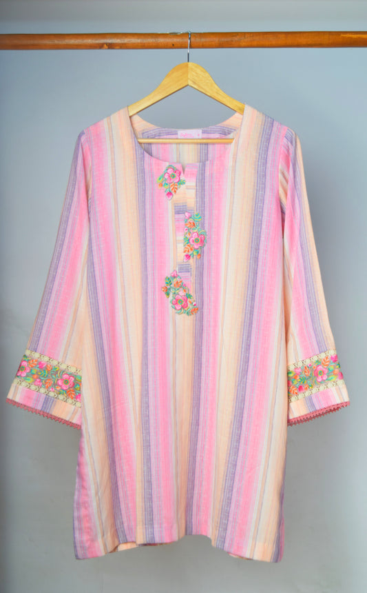 Embroidered Lawn Kurta Multi-Color Stripe with Floral Applique
