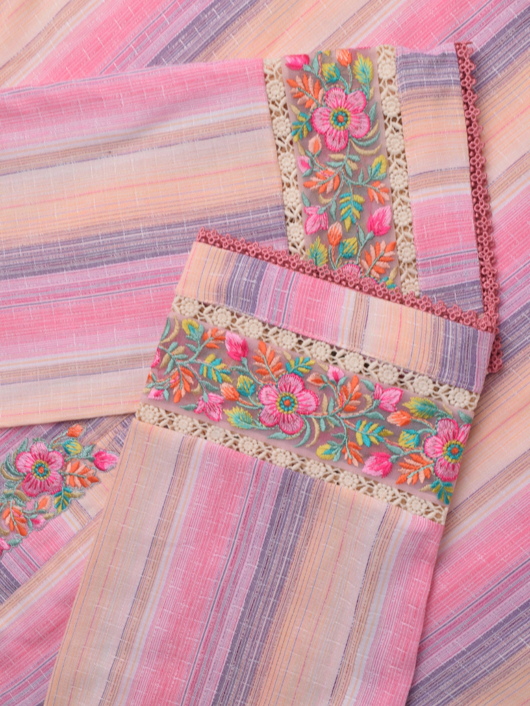 Embroidered Lawn Kurta Multi-Color Stripe with Floral Applique