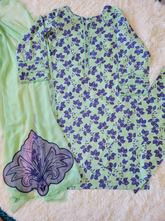 Minty Vine Delight: Printed Lawn Suit with Chiffon Dupatta