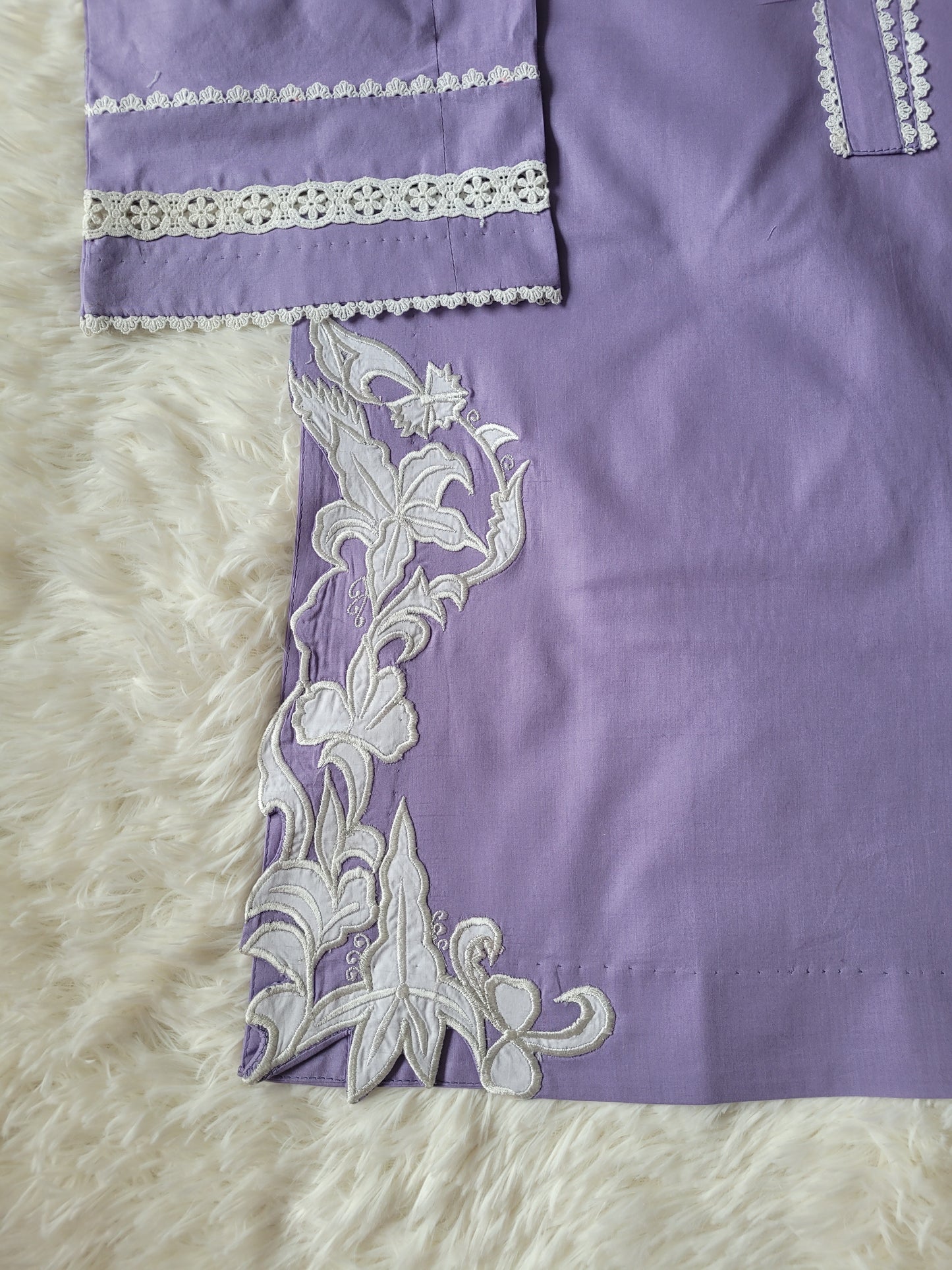 Lavender Lumina: Appliquéd Suit with White Contrast & Striped Dupatta