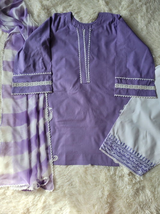 Lavender Lumina: Appliquéd Suit with White Contrast & Striped Dupatta