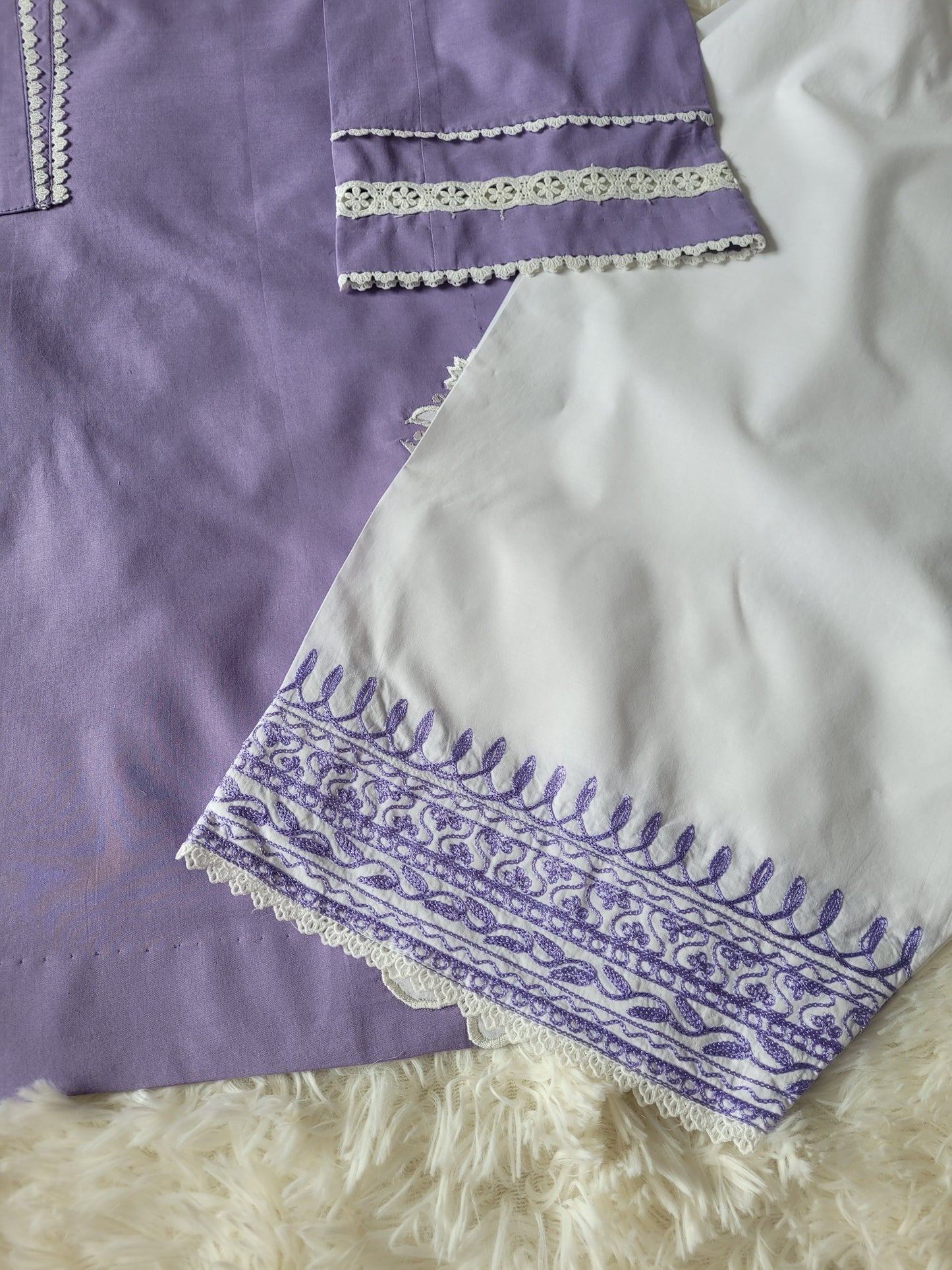 Lavender Lumina: Appliquéd Suit with White Contrast & Striped Dupatta