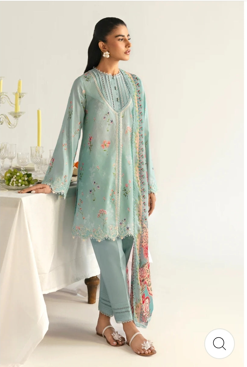 Qalamkar Ferozi Whisper: Printed Suit with Delicate Lace and Floral Dupatta