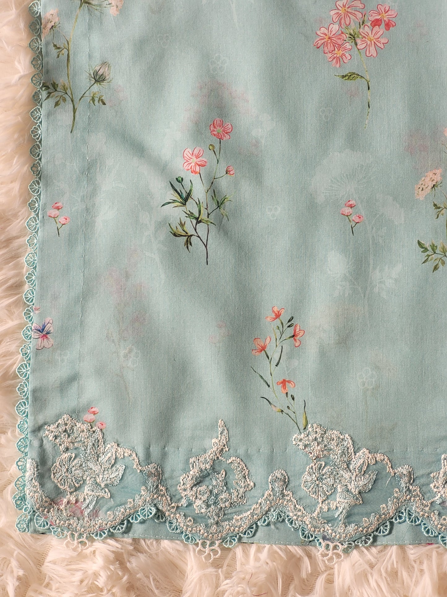 Qalamkar Ferozi Whisper: Printed Suit with Delicate Lace and Floral Dupatta