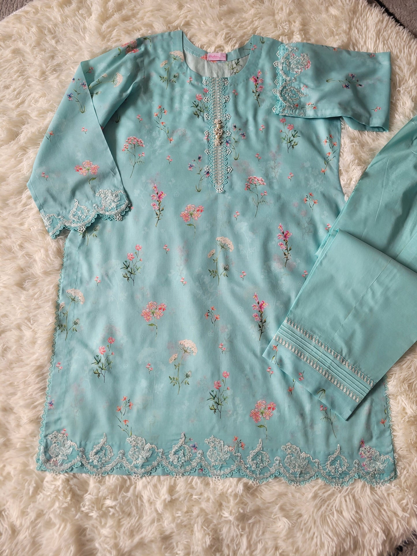 Qalamkar Ferozi Whisper: Printed Suit with Delicate Lace and Floral Dupatta