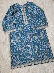 Qalamkar Teal Dream: Floral Lawn Three-Piece Suit