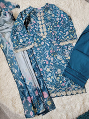 Qalamkar Teal Dream: Floral Lawn Three-Piece Suit