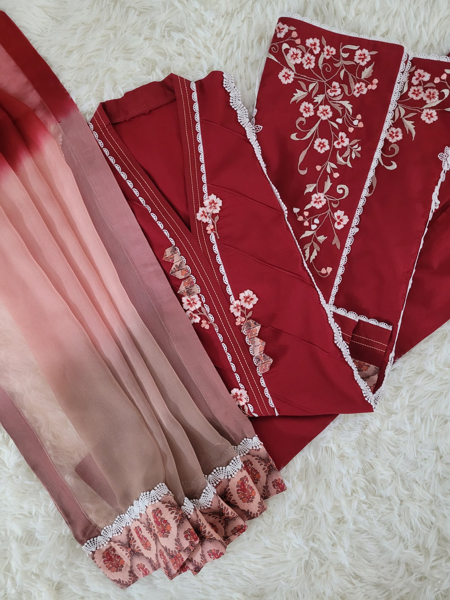 Ruby Reverie: Embroidered Cambric Suit with Ombre Dupatta