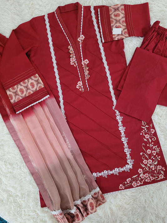 Ruby Reverie: Embroidered Cambric Suit with Ombre Dupatta