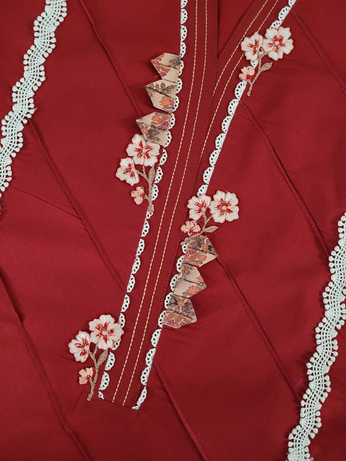 Ruby Reverie: Embroidered Cambric Suit with Ombre Dupatta
