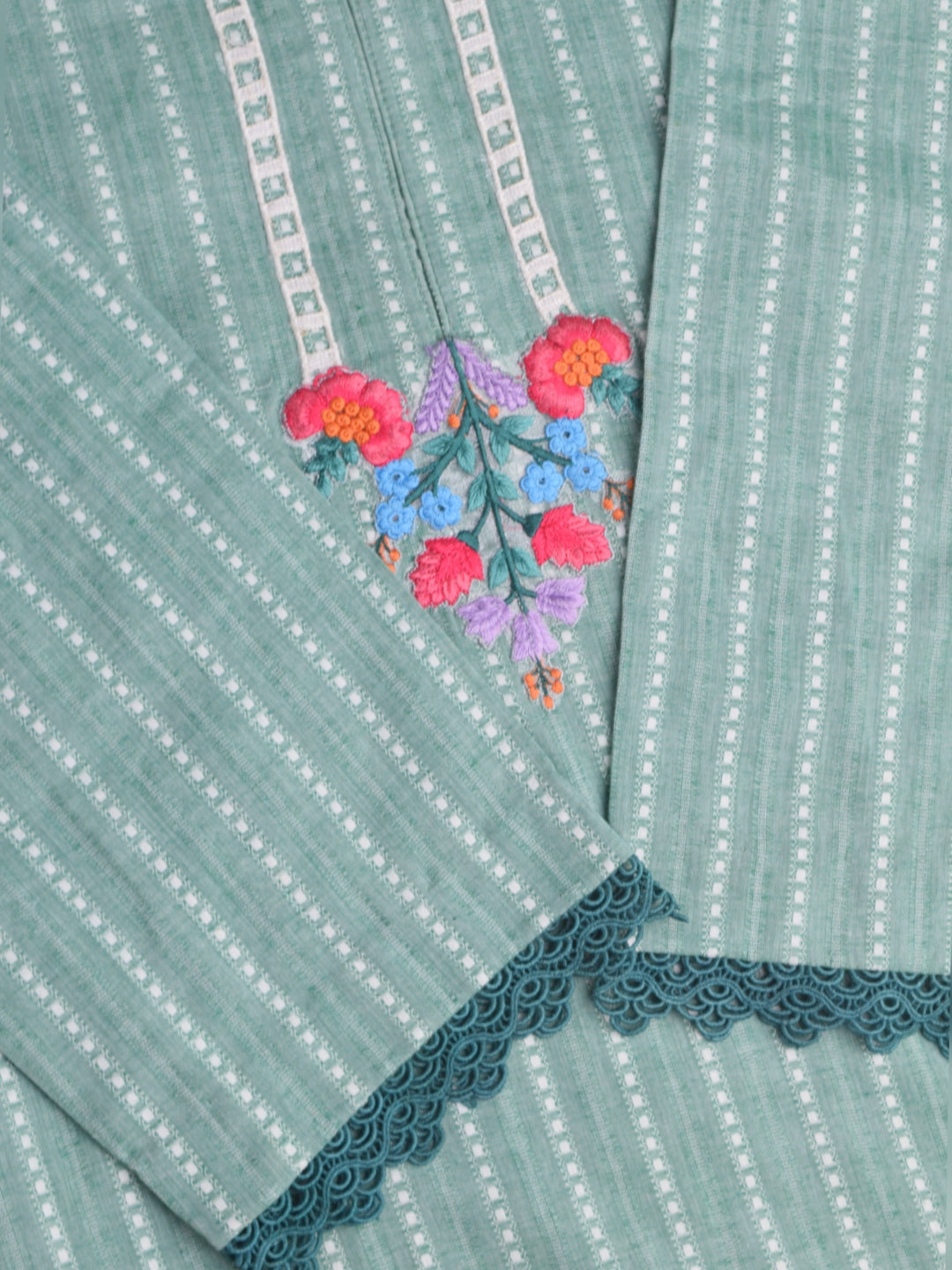 Sage Green Embroidered Cotton Kurta with Floral Applique