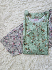 2 Piece Printed Marina Sea Green Floral Kurta with Coordinated Print Shalwar