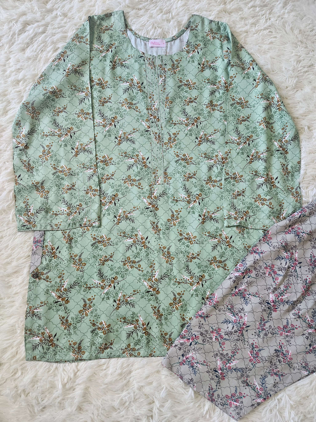 2 Piece Printed Marina Sea Green Floral Kurta with Coordinated Print Shalwar
