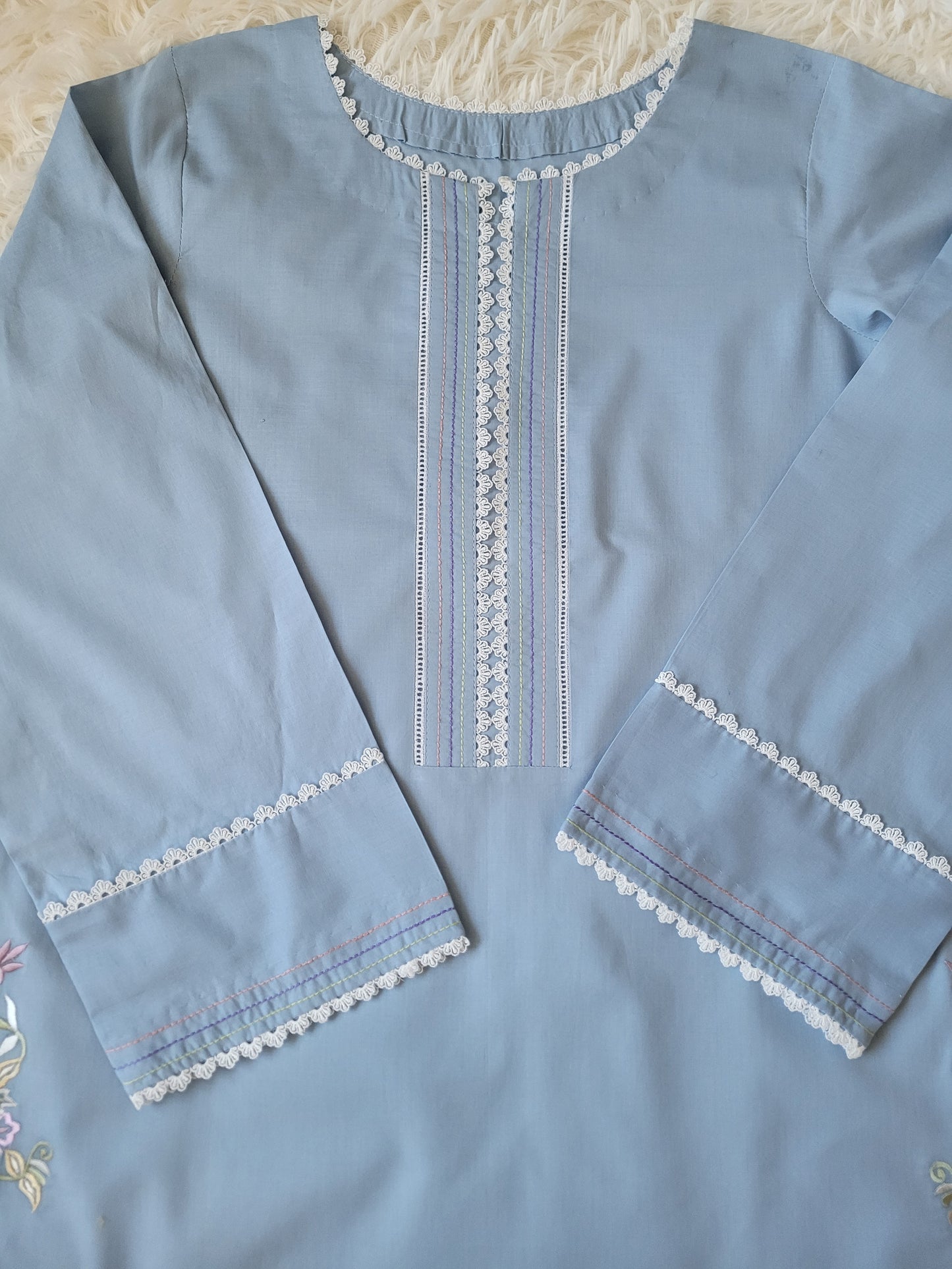 Light Blue & White: Embroidered Cotton Two-Piece Suit