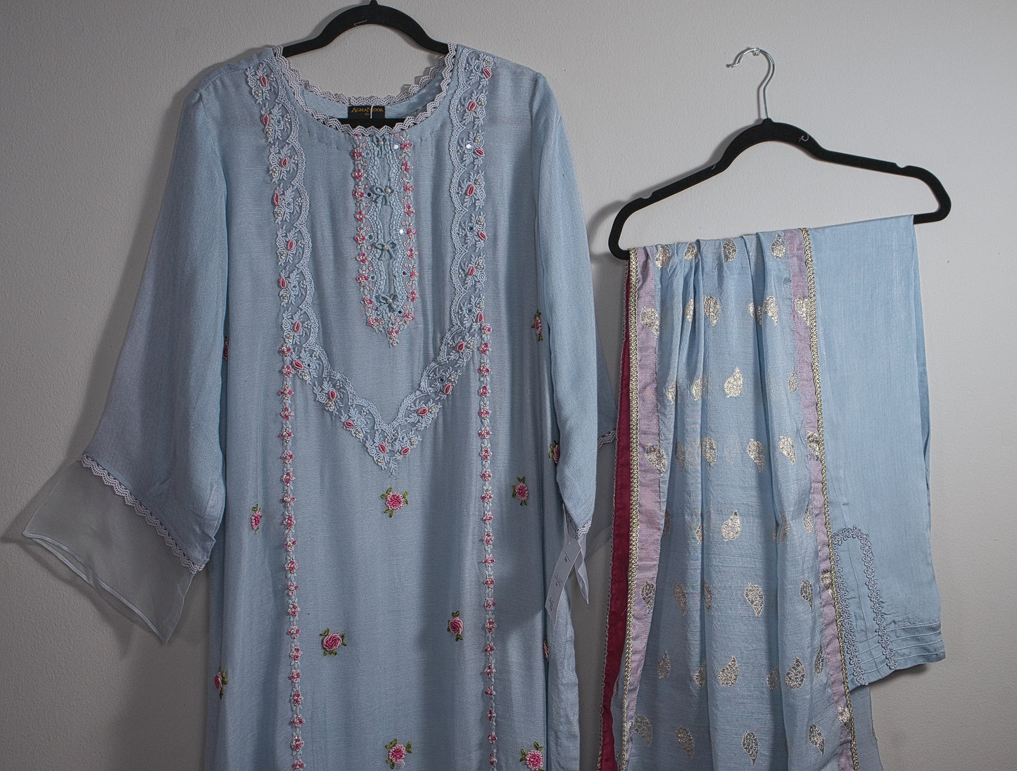 Sky Blue Cotton net Shirt with Rawsilk trouser and Cotton Jacquard Dupatta