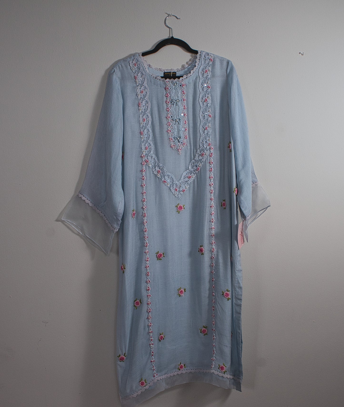 Sky Blue Cotton net Shirt with Rawsilk trouser and Cotton Jacquard Dupatta