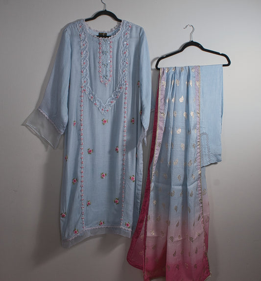Sky Blue Cotton net Shirt with Rawsilk trouser and Cotton Jacquard Dupatta