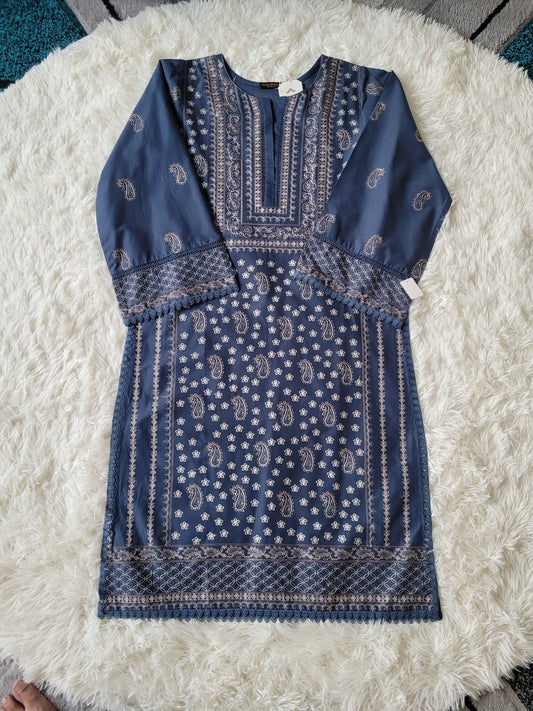 Agha Noor Teal Paisley Embroidered Lawn Shirt with Ethnic Motifs