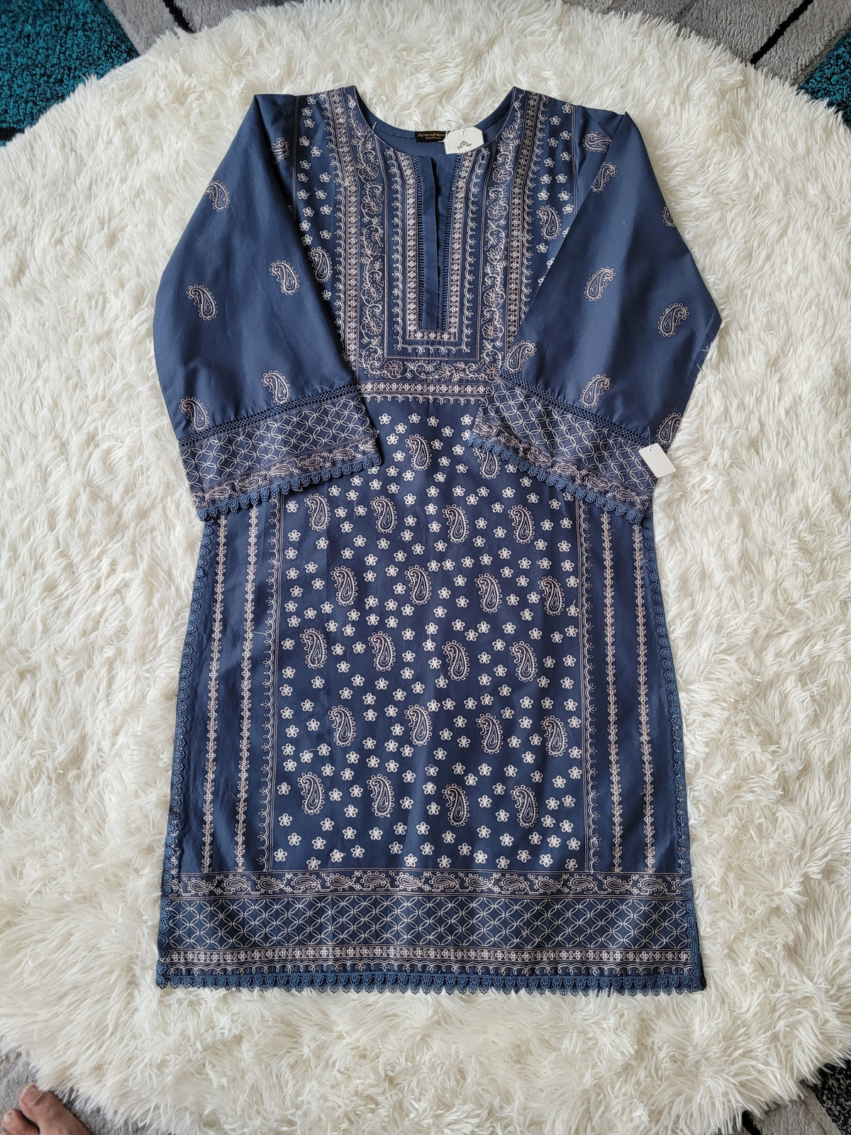 Agha Noor Teal Paisley Embroidered Lawn Shirt with Ethnic Motifs